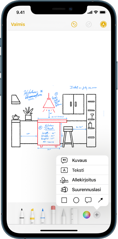 Piirros keittiöremontista ja Merkintä-työkalut näytön alareunassa. Oikeassa alakulmassa näkyy valikko, jossa voidaan lisätä kuvaus, tekstiä, allekirjoitus, suurennuslasi ja kuvioita.
