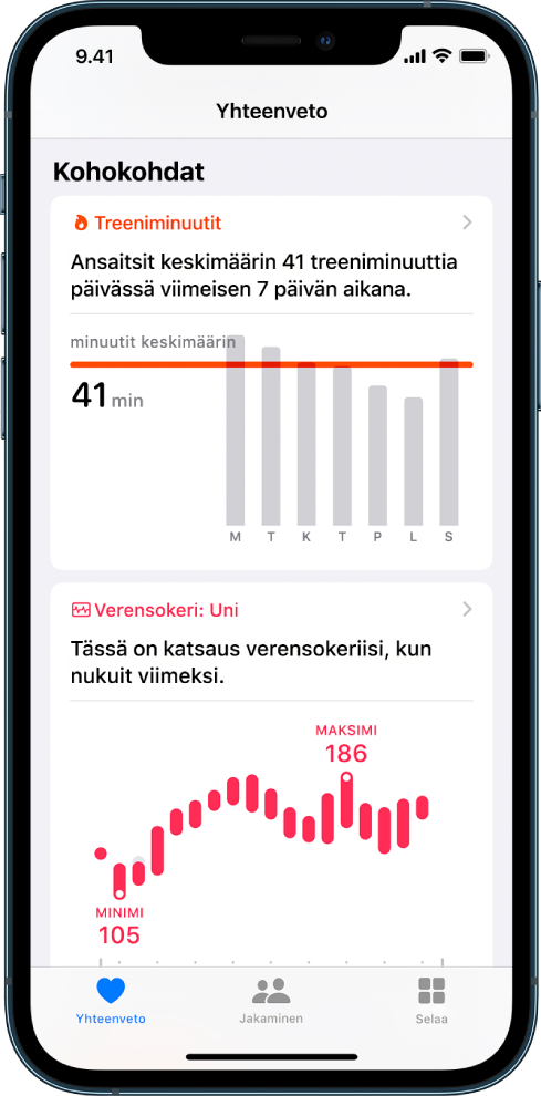 Yhteenveto-näyttö, jossa näkyy kohokohtina muun muassa treeniminuutit ja verensokeri unen aikana.