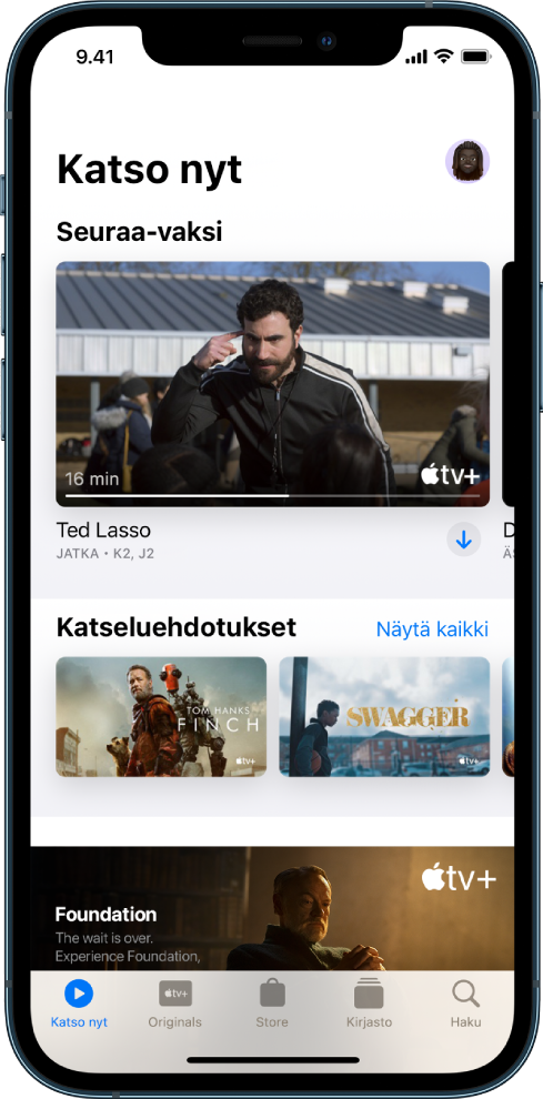 Katso nyt ‑ruudun ylärivin painikkeet elokuville, TV-sarjoille ja urheilulle. Seuraavaksi-rivi on keskellä Mitä katsoa ‑rivin yläpuolella. Alareunassa vasemmalta oikealle ovat seuraavat välilehdet: Katso nyt, Originals, Kirjasto ja Haku.