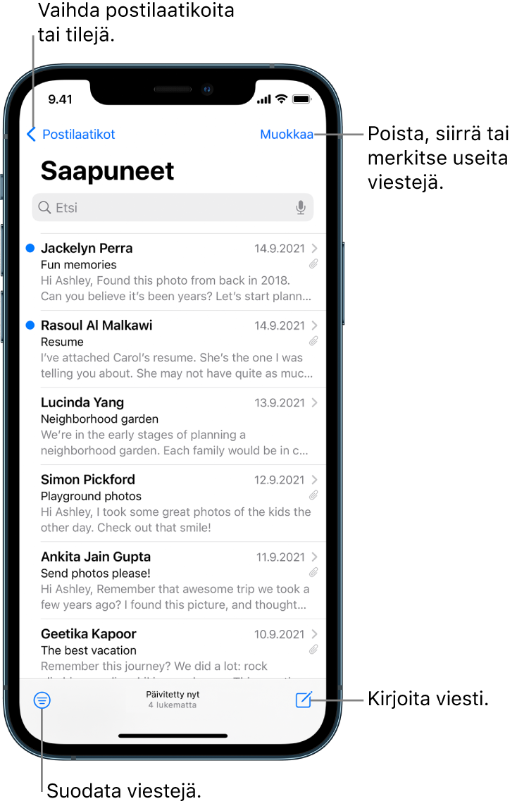 Saapuneet-näkymä, jossa näkyy sähköpostien luettelo. Postilaatikot-painike toiseen postilaatikkoon vaihtamista varten on vasemmassa yläkulmassa. Muokkaa-painike sähköpostien poistamista, siirtämistä tai merkitsemistä varten on oikeassa yläkulmassa. Painike, jolla suodatetaan sähköposteja niin, että vain tietyntyyppiset sähköpostit näytetään, on vasemmassa alakulmassa. Painike uuden sähköpostin kirjoittamista varten on oikeassa alakulmassa.
