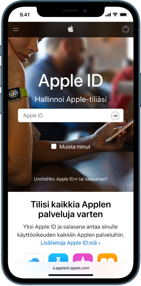 Safarin näyttö Apple ID ‑tilille kirjautumista varten.