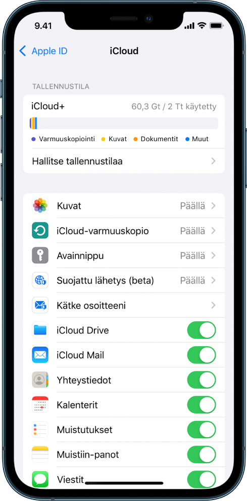 iCloud-asetusnäyttö, jossa näkyy iCloud-tallennustilan mittari, sekä luettelo apeista ja ominaisuuksista, joita voidaan käyttää iCloudin kanssa – kuten Mail, Yhteystiedot ja Viestit.