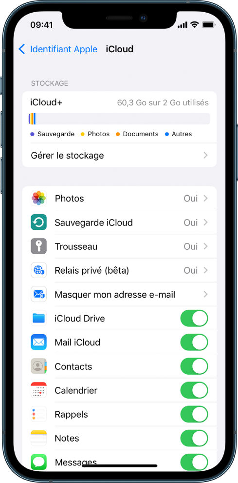 Écran des réglages iCloud montrant l’indicateur d’espace de stockage d’iCloud et une liste d’apps et de fonctionnalités, notamment Mail, Contacts et Messages, pouvant être utilisées avec iCloud.