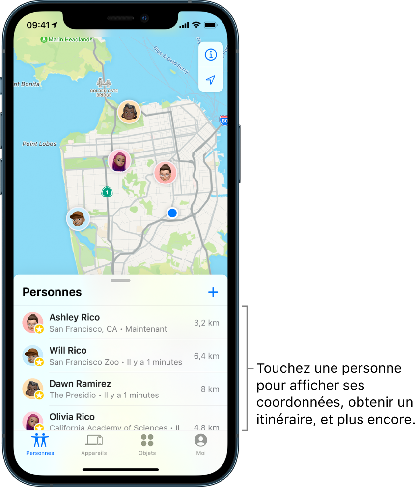 L’écran Localiser ouvert sur l’onglet Personnes. Il y a quatre personnes dans la liste : Ashley Rico, Will Rico, Dawn Ramirez et Olivia Rico. Leur position est affichée sur un plan de San Francisco.