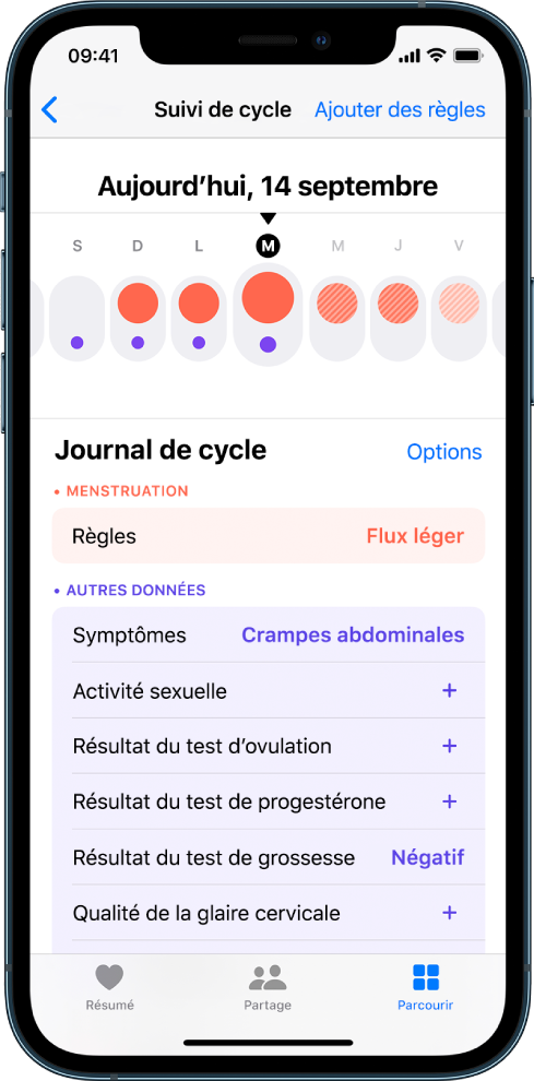 L’écran « Suivi de cycle » dans l’app Santé.