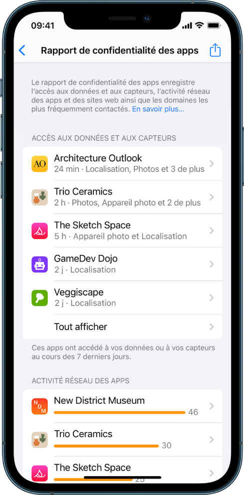 Un rapport de confidentialité des apps présentant une liste d’informations sur cinq apps pour la catégorie « Accès aux données et aux capteurs », et des informations sur trois apps pour la catégorie « Activité réseau des apps ».