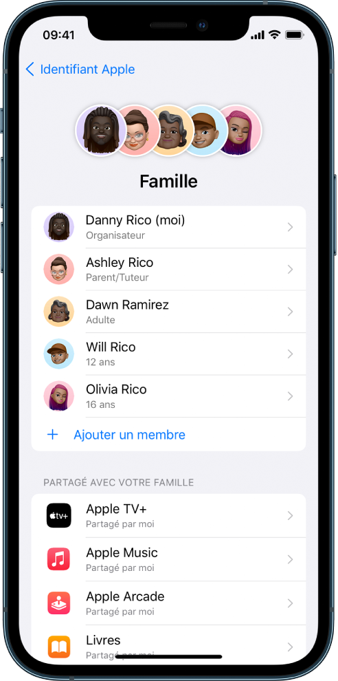Écran Partage familial dans Réglages. Cinq membres de la famille sont listés et quatre abonnements sont partagés avec la famille.