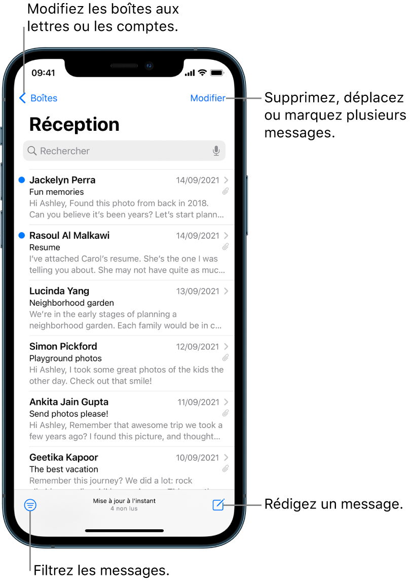 La boîte de réception affichant une liste d’e-mails. Le bouton Boîtes permettant d’accéder à une autre boîte aux lettres se trouve dans le coin supérieur gauche. Le bouton Modifier permettant de supprimer des e-mails, les déplacer ou les marquer se trouve dans le coin supérieur droit. Le bouton permettant de filtrer des e-mails afin d’afficher uniquement certains types d’e-mails se trouve dans le coin inférieur gauche. Le bouton permettant de rédiger un nouvel e-mail se trouve dans le coin inférieur droit.