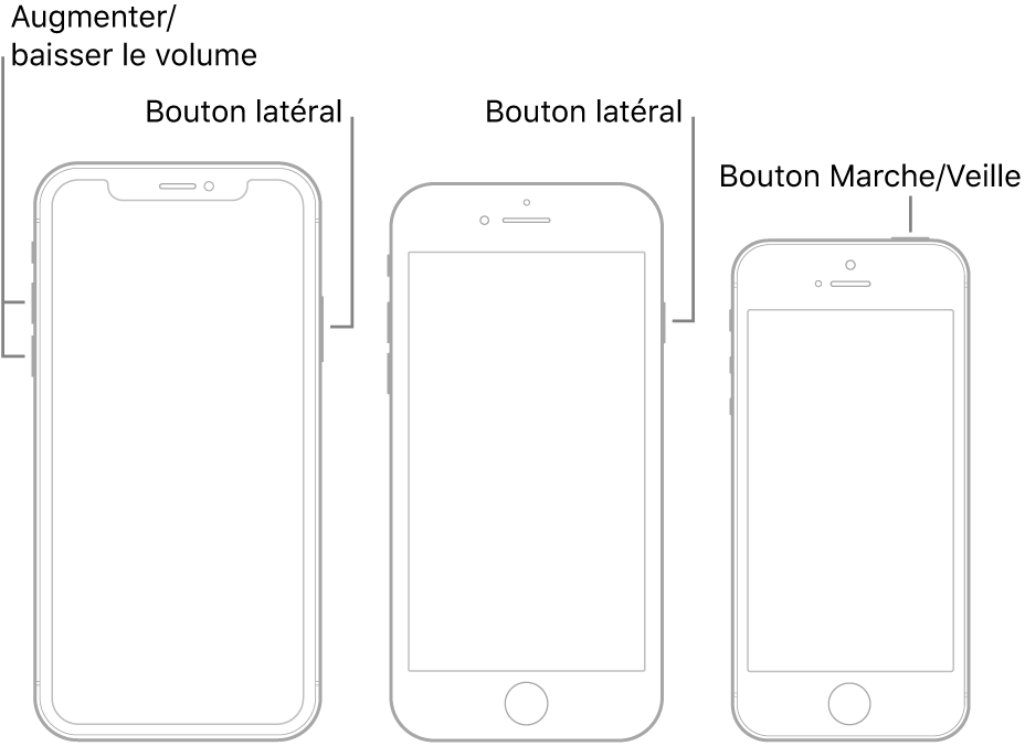 Illustrations de trois modèles d’iPhone différents, avec leur écran vers le haut. L’illustration située la plus à gauche affiche le bouton d’augmentation et de diminution du volume. Le bouton latéral s’affiche à droite. L’illustration centrale affiche le bouton latéral à droite de l’appareil. L’illustration la plus à droite affiche le bouton Marche/Veille en haut de l’appareil.