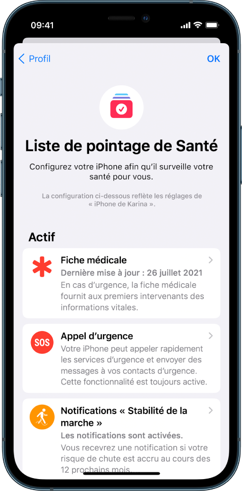 Écran « Liste de pointage de Santé » montrant que « Fiche médicale » et « Appel d’urgence » sont actifs.