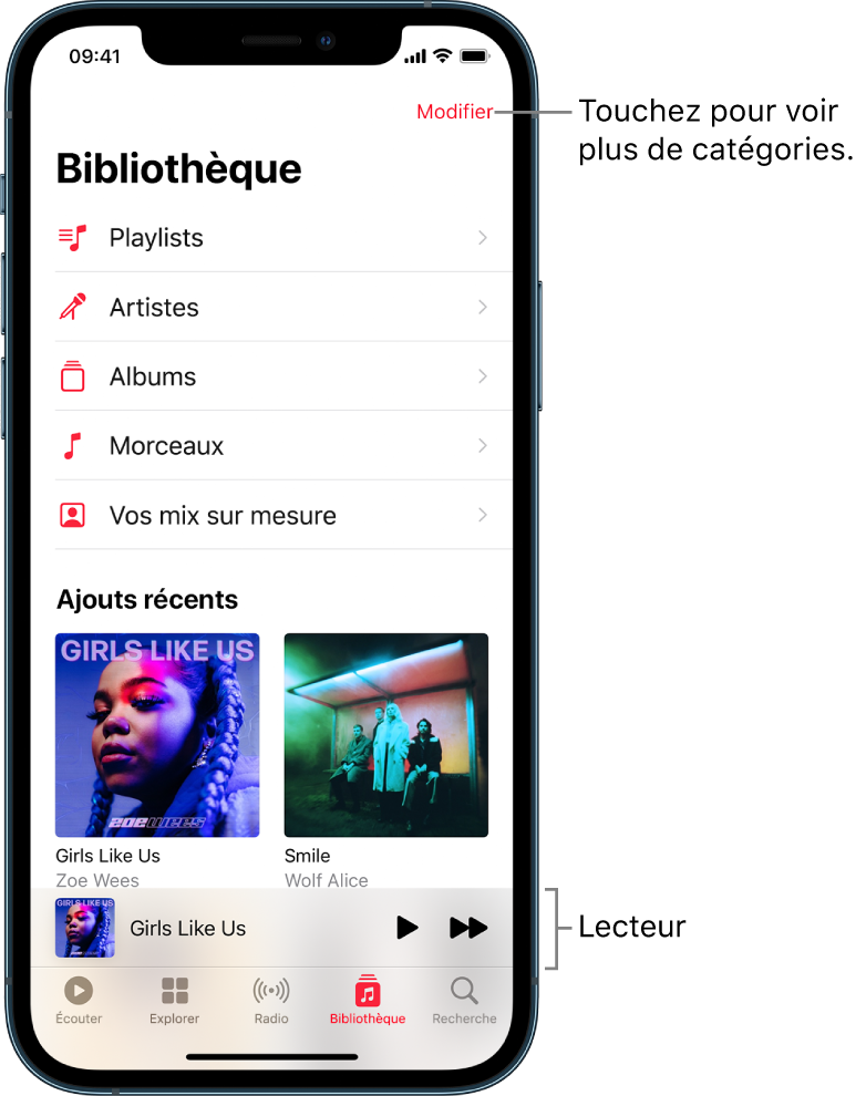 L’écran Bibliothèque avec une liste de catégories contenant Playlists, Artistes, Albums et Morceaux. Le titre Ajouts récents apparaît sous la liste. Le lecteur affichant le titre du morceau en cours d’écoute et les boutons Lecture et Suivant qui apparaissent vers le bas de l’écran.