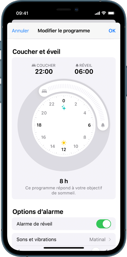 Un écran montrant Sommeil défini à 22 h aujourd’hui et Réveil à 6 h demain. L’alarme de réveil est activée et le son d’alarme est Matinal.