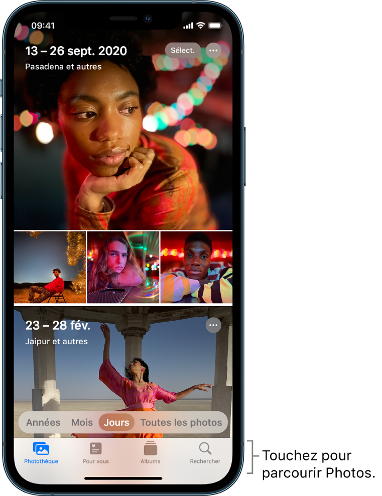La présentation Jours de la photothèque est affichée. Une sélection de vignettes de photos remplit l’écran. En haut à gauche de l’écran se trouvent la date et l’emplacement des photos prises. En haut à droite se trouvent les boutons Sélectionner et « Plus d’options » pour partager les photos et afficher les détails. Sous les vignettes se trouvent des options de présentation de la photothèque : Années, Mois, Jours et « Toutes les photos ». Les boutons Photothèque, « Pour vous », Albums et Rechercher figurent en bas de l’écran.