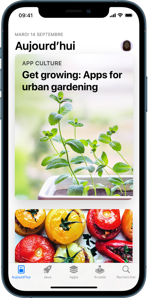 L’écran Aujourd’hui de l’App Store affichant une app et un article recommandé. Votre photo de profil se trouve en haut à droite. En bas de l’écran, de gauche à droite, se trouvent les onglets Aujourd’hui, Jeux, Apps, Arcade et Rechercher.