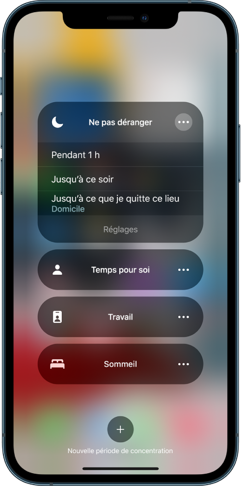 L’écran de sélection de la durée de la fonctionnalité « Ne pas déranger ». Les différentes options disponibles sont : « Pendant 1 heure », « Jusqu’à ce soir » et « Jusqu’à ce que je quitte ce lieu ».