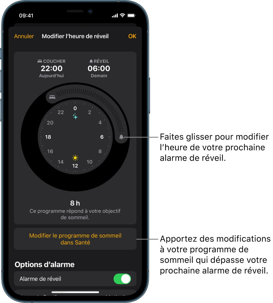 Un écran permettant de modifier l’alarme de réveil du lendemain, avec des boutons à faire glisser pour modifier les heures de coucher et de réveil, un bouton pour modifier le programme de sommeil dans l’app Santé, et un bouton pour activer ou désactiver l’alarme de réveil.