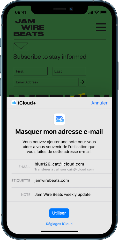L’option « Masquer mon adresse e-mail » pour iCloud+ occupe la moitié inférieure de l’écran. Elle répertorie les adresses e-mail générées aléatoirement, l’adresse à laquelle les e-mails sont transmis, une étiquette ainsi qu’une note. En bas de l’écran se trouve le bouton Utiliser et un lien vers les réglages iCloud.