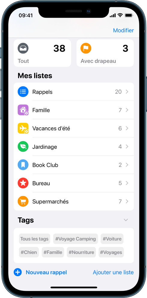 Un écran avec plusieurs listes dans Rappels. Le navigateur de tags se trouve en bas.