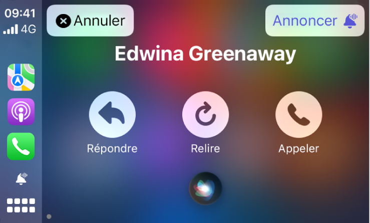 Siri affichant les options Répondre, Relire et Appeler pour un message texte entrant dans CarPlay. Le bouton Annuler se trouve en haut à gauche, tandis que le bouton Annoncer est situé en haut à droite.