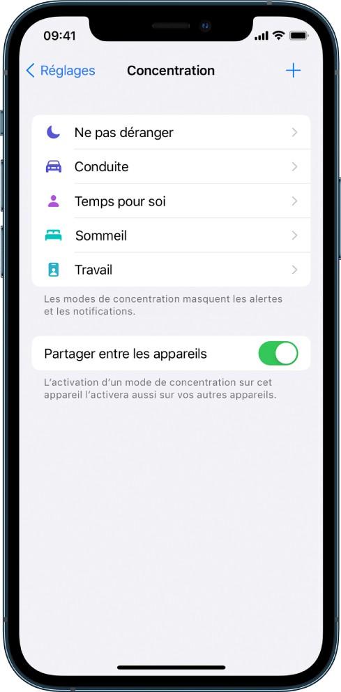 Un écran affichant cinq modes de concentration fournis : « Ne pas déranger », Conduite, « Temps pour soi », Repos et Travail. Le bouton « Partage entre les appareils » vous permet d’utiliser les mêmes réglages Concentration sur tous vos appareils Apple sur lesquels vous êtes connecté avec le même identifiant Apple.