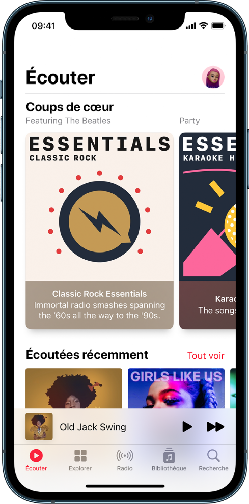 Écran Écouter montrant le bouton de profil en haut à droite. Des playlists « Sélectionné pour vous » s’affichent en dessous. Sous « Sélectionné pour vous » se trouve la section « Morceaux récents », avec deux albums.