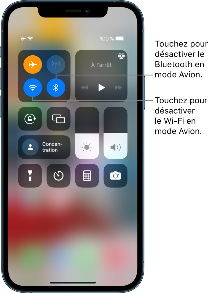 Centre de contrôle avec le mode Avion activé. Dans le groupe de commandes en haut à gauche se trouvent le bouton Wi-Fi (en bas à gauche) et le bouton Bluetooth (en bas à droite).