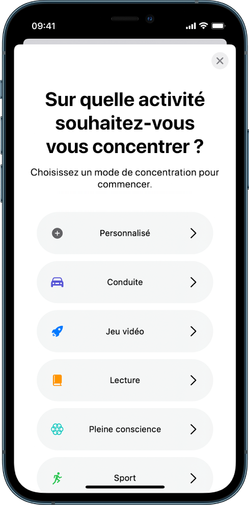 Un écran de configuration du mode de concentration pour l’un des modes de concentration supplémentaires fournis, notamment Personnalisé, Conduite, Sport, « Jeu vidéo », « Pleine conscience » et Lecture.