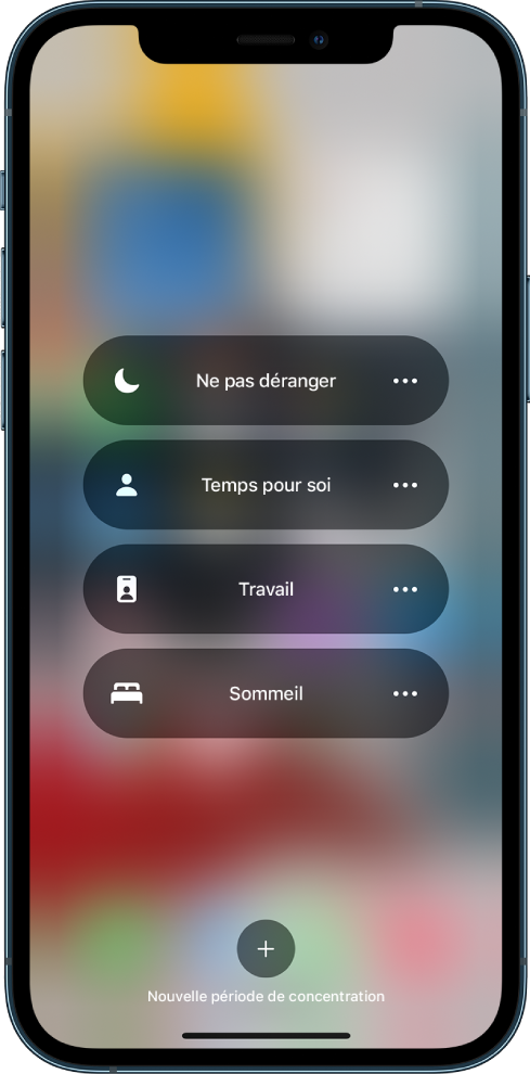 Le centre de contrôle affichant les modes de concentration, avec des boutons permettant de définir la durée de ces options.