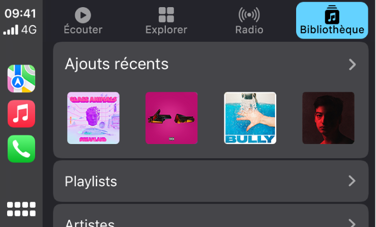 Écran CarPlay indiquant un groupe de morceaux ajoutés récemment.