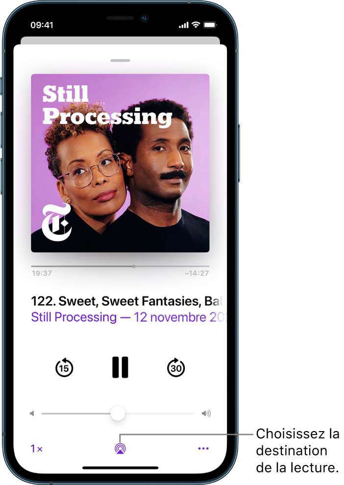 Les commandes de lecture pour un podcast, notamment le bouton « Destination pour la lecture » en bas de l’écran.