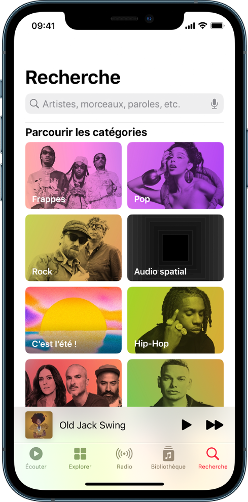 L’écran Rechercher, avec le champ de recherche en haut. La section « Parcourir les catégories » en dessous affiche huit catégories.