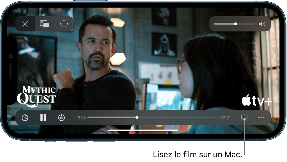 Un film en cours de lecture sur l’écran de l’iPhone. En bas de l’écran se trouvent les commandes de lecture, avec notamment le bouton AirPlay en bas à droite.