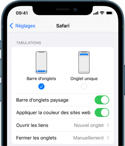 Un écran affichant deux options de disposition Safari : « Barre d’onglets » et « Onglet unique ».