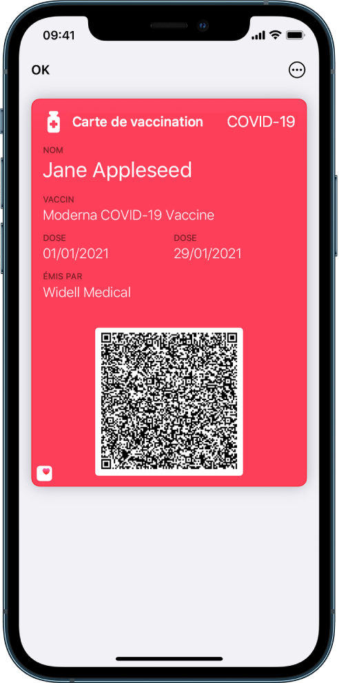 Une carte de vaccination dans l’app Cartes.