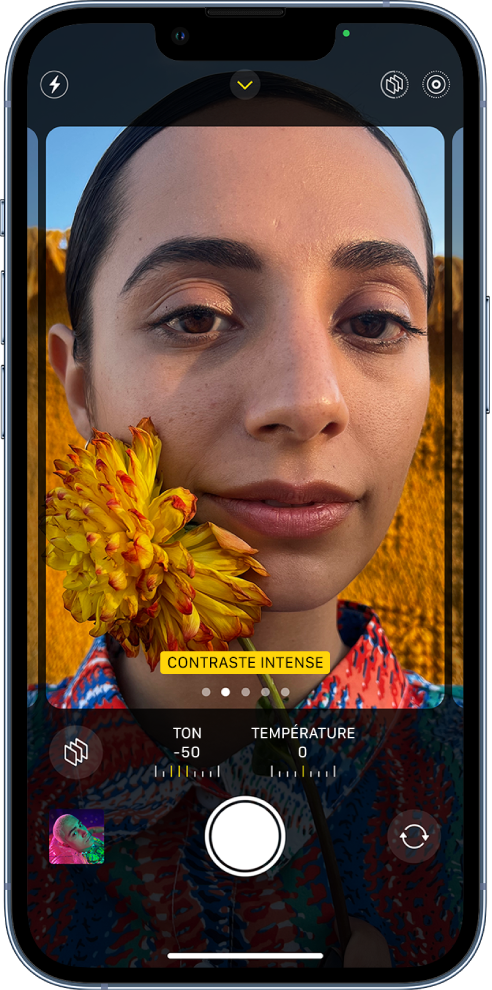 L’appareil photo est ouvert et l’écran affiche l’écran des styles photographiques. Le bouton Flash est affiché dans le coin supérieur gauche. En haut, au centre de l’écran, se trouve le bouton « Commandes de l’appareil photo » et il est activé. Les boutons « Styles photographiques » et « Live Photo » se trouvent dans le coin supérieur droit. Remplissant l’écran de l’appareil photo, le style « Contraste intense » est sur le cadre de la caméra. En dessous du cadre de l’appareil photo se trouvent le bouton Styles, les curseurs permettant d’ajuster les valeurs Ton et Température, et le bouton de réinitialisation des styles. En bas de l’écran, de gauche à droite, se trouvent le bouton « Visualiseur de photos et vidéos », le bouton « Prendre une photo » et le bouton « Sélecteur de caméra - face arrière ».