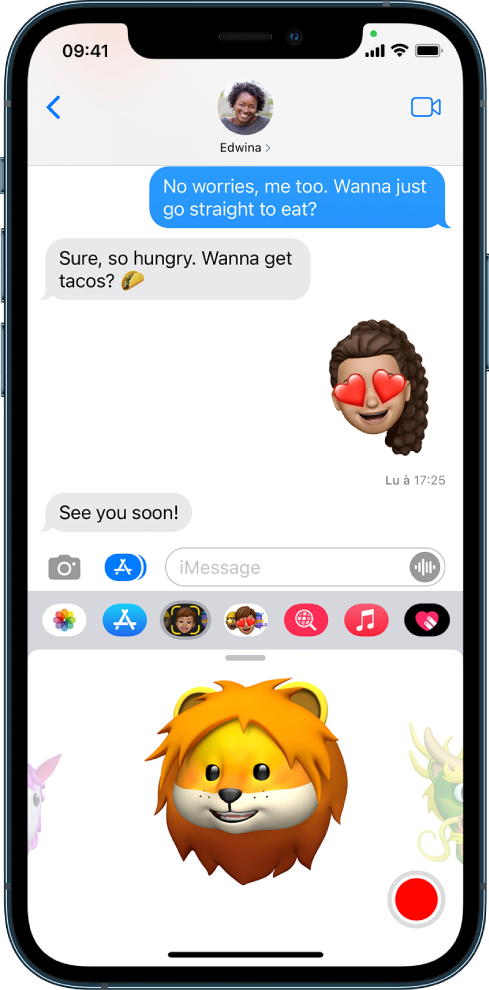 Conversation Messages avec un Memoji sélectionné et prêt à être enregistré avant l’envoi.