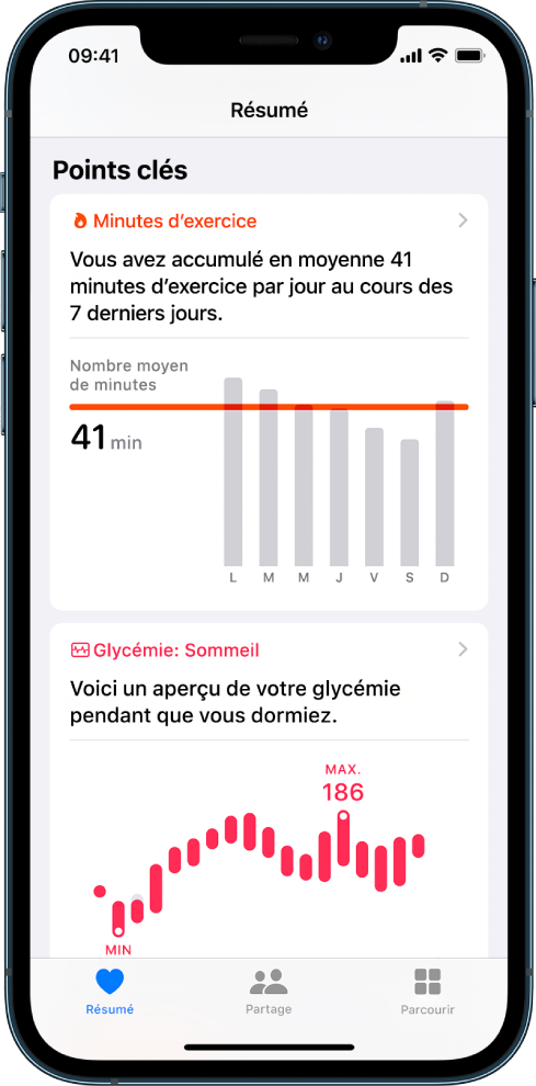 L’écran Résumé affichant des points clés comprenant les minutes d’exercice ainsi que la glycémie pendant le sommeil.