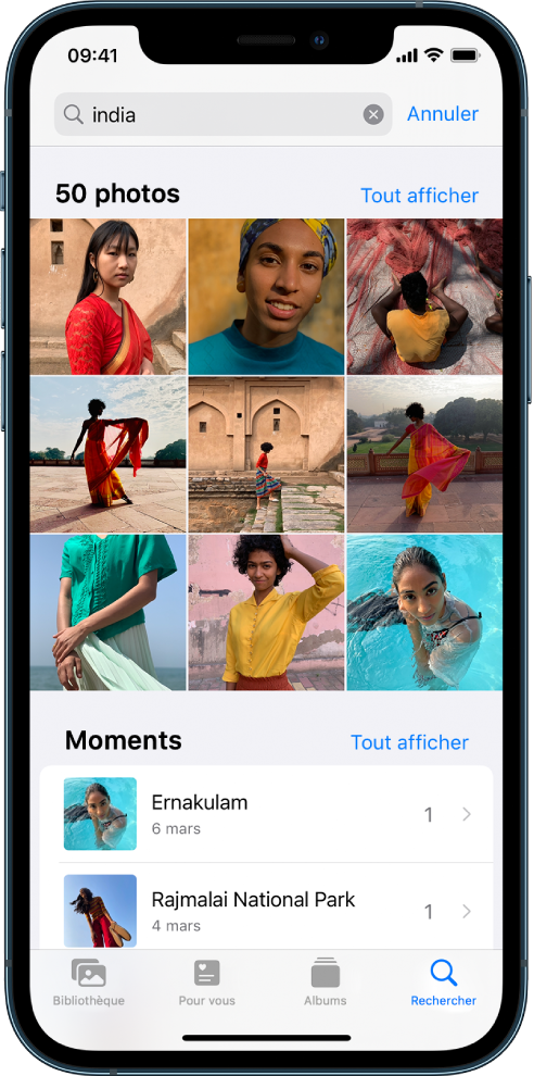 L’écran Rechercher affiche des suggestions de photo lorsque le mot « Inde » est saisi dans le champ de recherche en haut de l’écran.