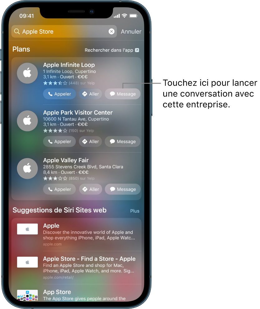 Écran Rechercher montrant les éléments trouvés pour Plans. Chaque résultat contient une brève description, un classement ou une adresse et chaque site web contient une URL. Les trois premiers résultats présentent un bouton à toucher pour commencer une discussion d’affaires avec l’Apple Store.