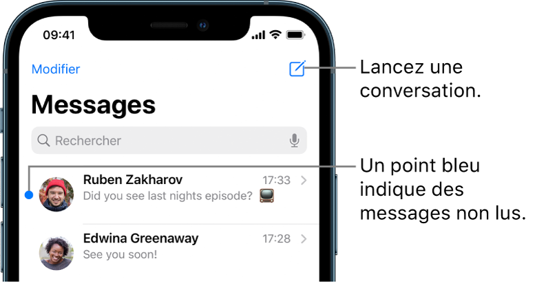 La liste Messages, le bouton Modifier en haut à gauche et le bouton Rédiger en haut à droite. Un point bleu à gauche d’un message indique que celui-ci n’a pas été lu.