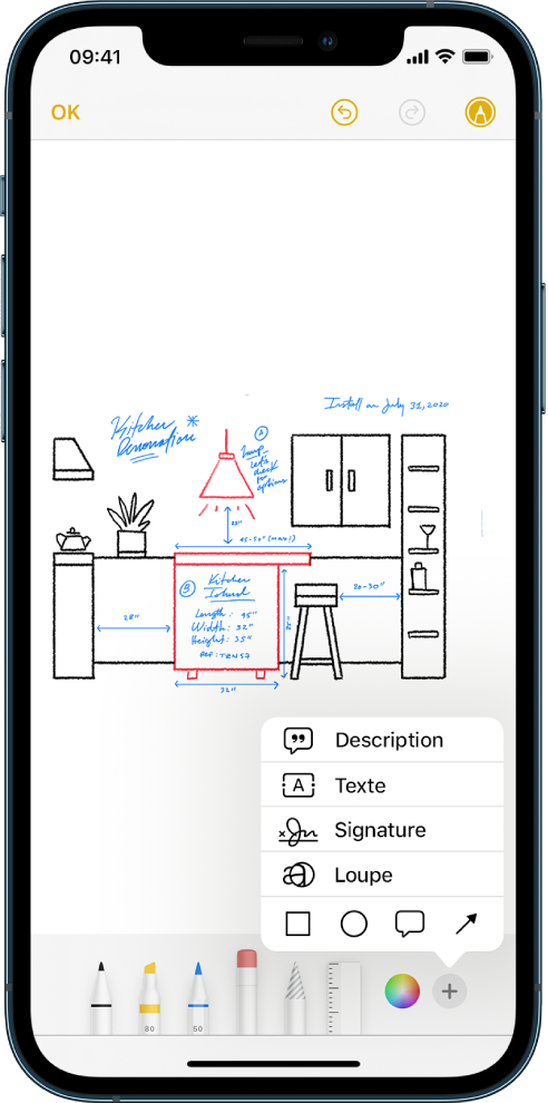 Un diagramme d’une rénovation de cuisine est annoté dans l’app Notes. La barre d’outils d’annotation avec les outils de dessins et le sélecteur de couleurs apparaît en bas de l’écran. Un menu avec des options pour ajouter du texte, une description, une signature, une loupe et des formes apparaît dans le coin inférieur droit.