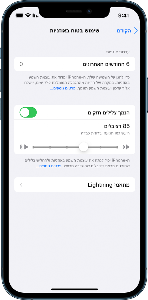 המסך ״שימוש בטוח באוזניות״ עם מספר שמציין את כמות עדכוני האוזניות שנשלחו בששת החודשים האחרונים, הכפתור להדלקה וכיבוי של ״הנמך צלילים חזקים״, מחוון גרירה לקביעת עוצמת הדציבלים המרבית, ורמת הדציבלים שנקבעה על 85 דציבלים.