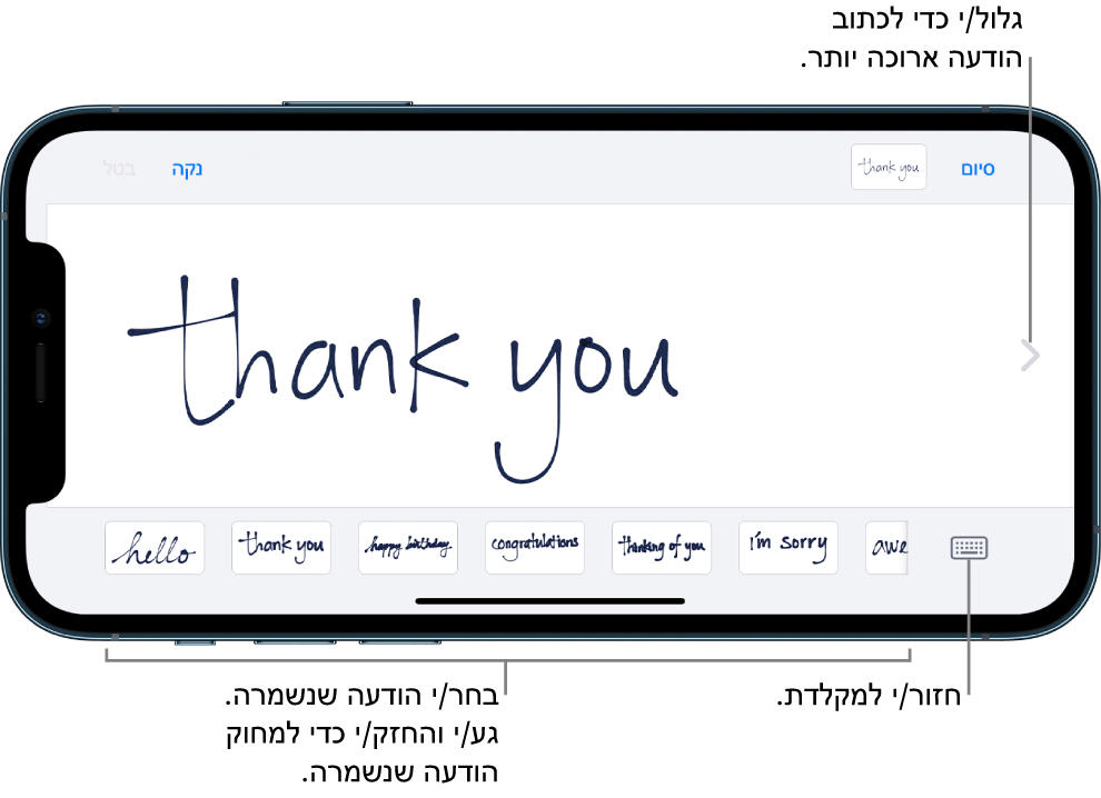 מסך הכתיבה בכתב יד עם הודעה הכתובה בכתב יד. לאורך הקצה התחתון, מימין לשמאל, ניתן לראות את ההודעות השמורות ואת הכפתור ״הצג את המקלדת״.