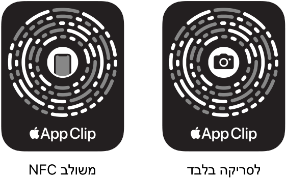 משמאל, קוד של ״יישום ברגע״ המשלב NFC עם אייקון של iPhone במרכז. מימין, קוד של ״יישום ברגע״ לסריקה בלבד עם אייקון של מצלמה במרכז.