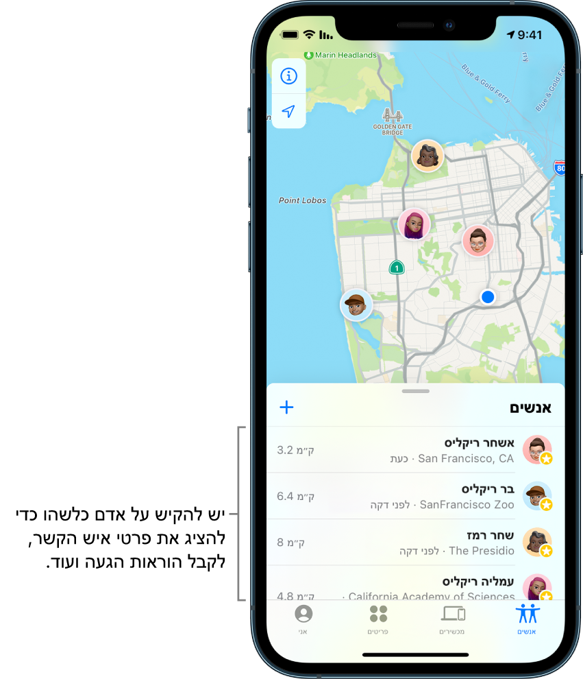 המסך ״מצא את…״ נפתח ברשימת ״אנשים״. ארבעה אנשים מופיעים ברשימה: אשלי ריקו, ויל ריקו, דאון רמירז ואליביה ריקו. המיקומים שלהם מופיעים על-גבי מפה של סן פרנסיסקו.