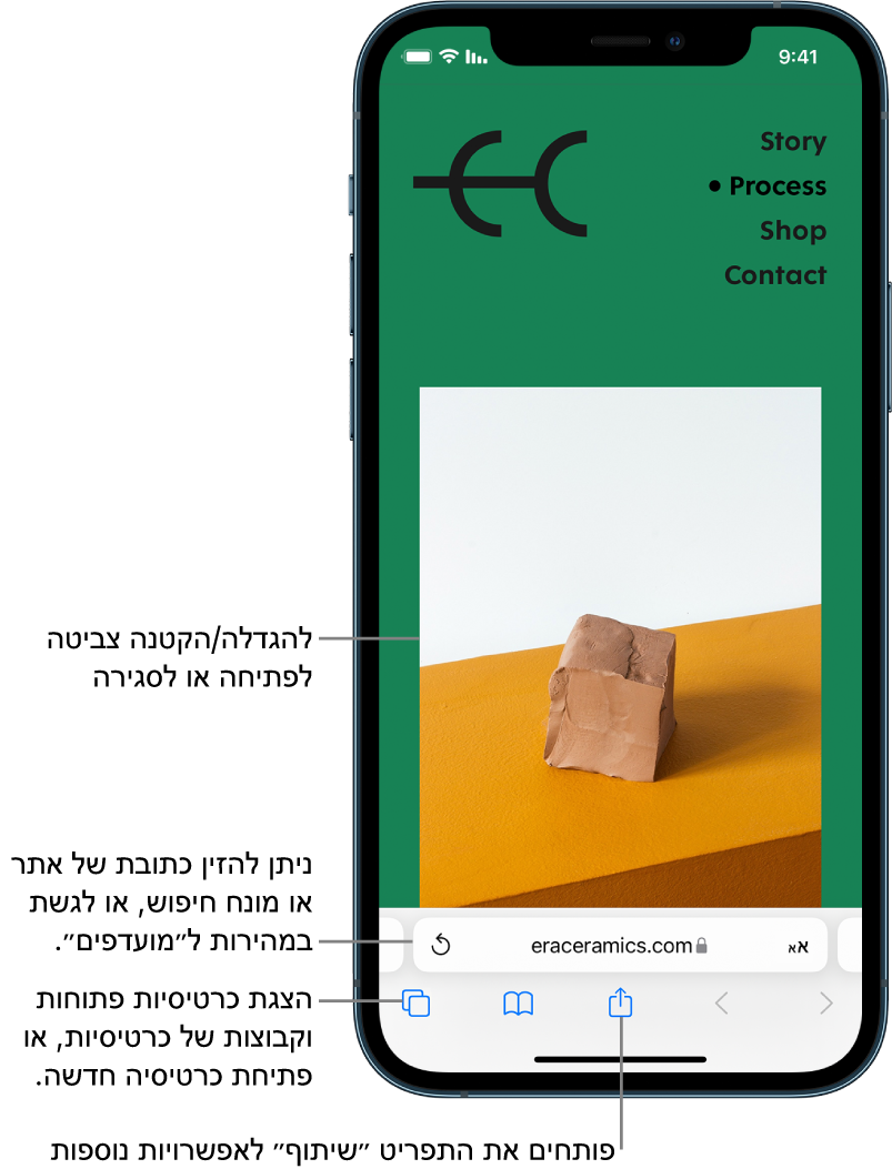 רואים אתר אינטרנט פתוח ב-Safari, עם שדה הכתובת בתחתית האתר. לאורך החלק התחתון, מימין לשמאל, נמצאים הכפתורים ״הקודם״, ״הבא״, ״סימניות״ וכרטיסיות״.