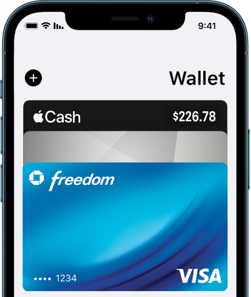 המחצית העליונה של מסך Wallet, ובה מוצגים כמה כרטיסי אשראי וכרטיסי חיוב. הכפתור ״הוסף״ נמצא בפינה הימנית העליונה.