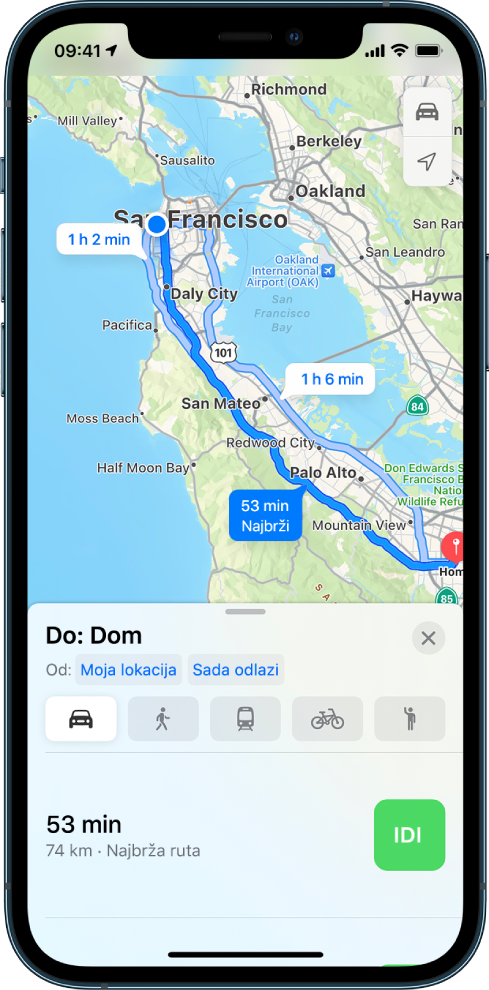 Karta rute vožnje s tipkom Idi u donjem desnom kutu.