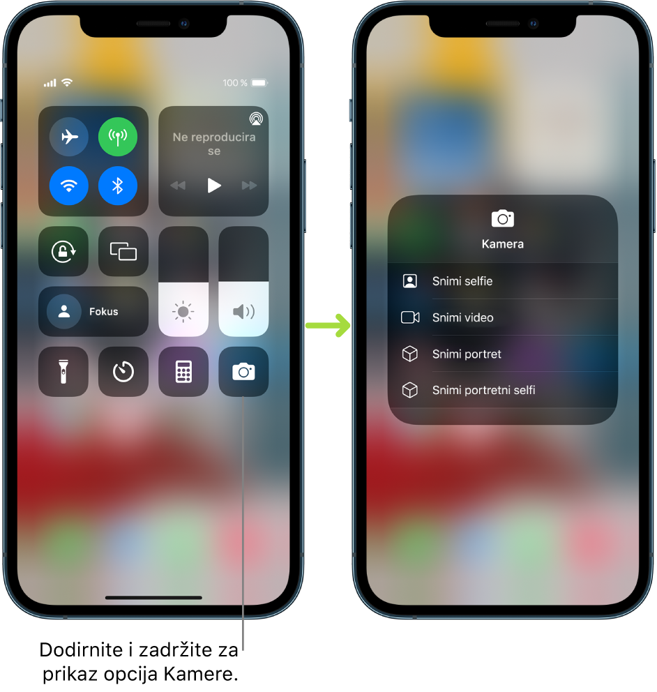 Dva zaslona Kontrolnog centra jedan pored drugog. Onaj s lijeve strane prikazuje kontrole za zrakoplovni mod, mobilne podatke, Wi-Fi i Bluetooth u gornjoj lijevoj grupi. Ikona Kamera prikazana je u donjem desnom kutu. Zaslon s desne strane prikazuje više opcija u izborniku brzih postupaka za Kameru: Snimi selfie, Snimi videozapis, Snimi portret i Snimi portretni selfie.
