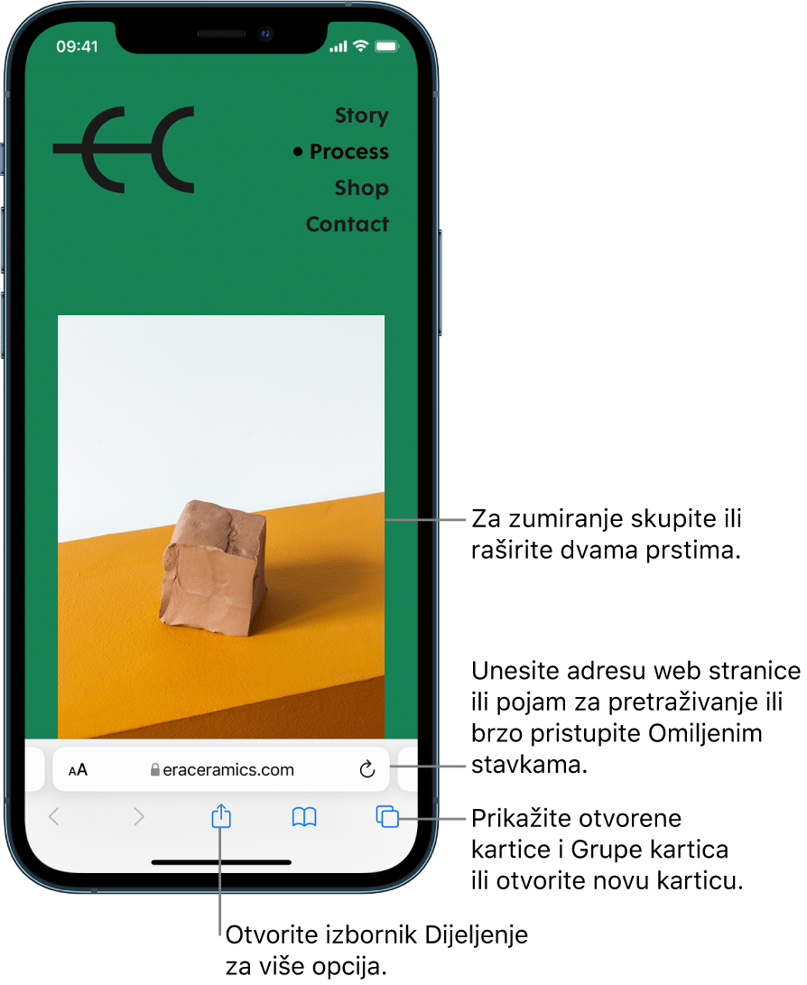 Web stranica otvorena u pregledniku Safari, s poljem za adresu na dnu. Na dnu, slijeva nadesno, nalaze se tipke Unatrag, Unaprijed, Dijeli, Knjižne oznake i Kartice.